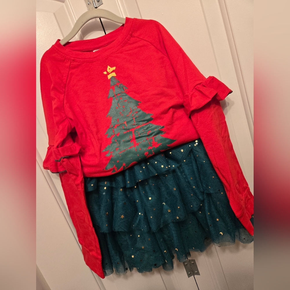 Hint of Holiday Glam Christmas Tree Top with Green Sparkly Starry Skirt